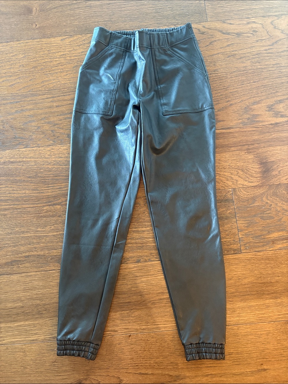 SPANX Black Faux Leather Jogger Pants with Front Patch Pockets